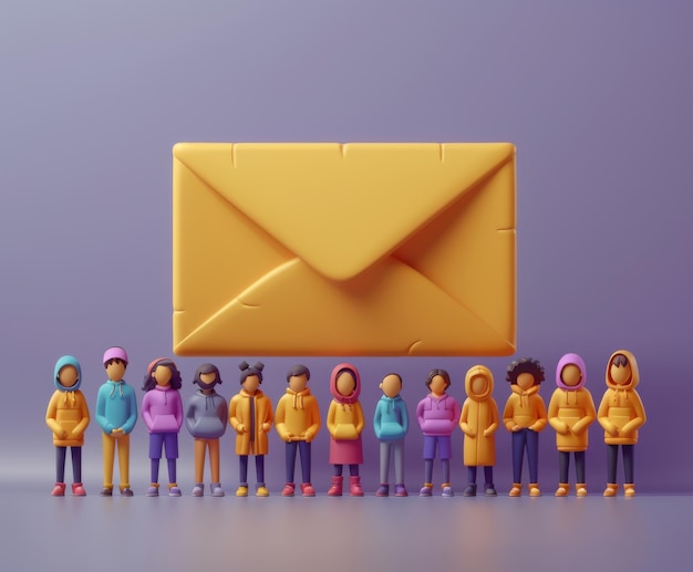 characters around a large envelope minimalist clean style colorful 3d icon clay