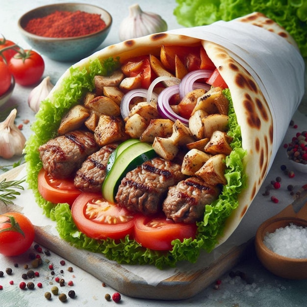 Photo charcoal grilled kebab meal with some vegetables