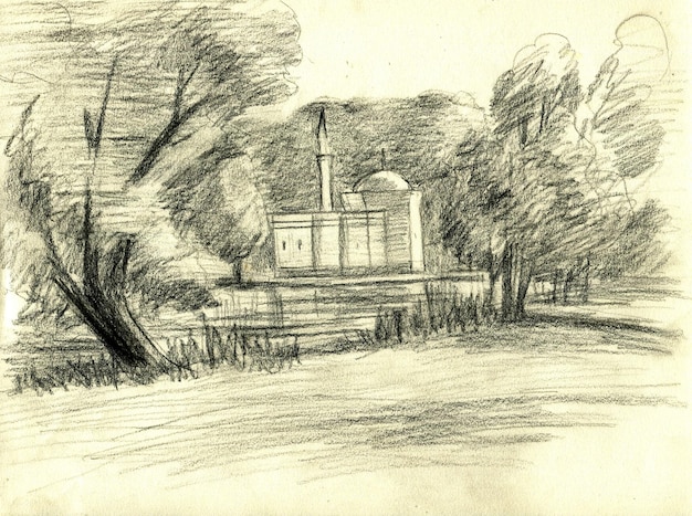 Charcoal illustration of landscape with pavilion in oriental style