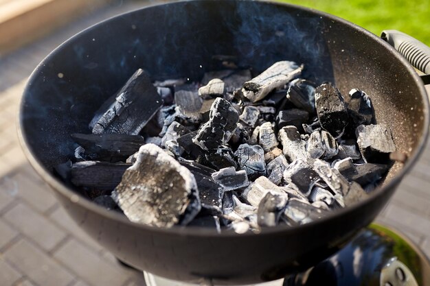 charcoal smoldering in brazier outdoors