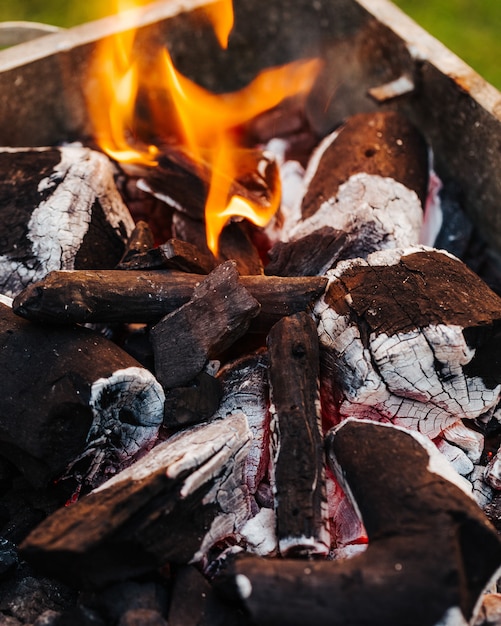 Charcoal with fire. Preparation for cooking mixed grill dishes.