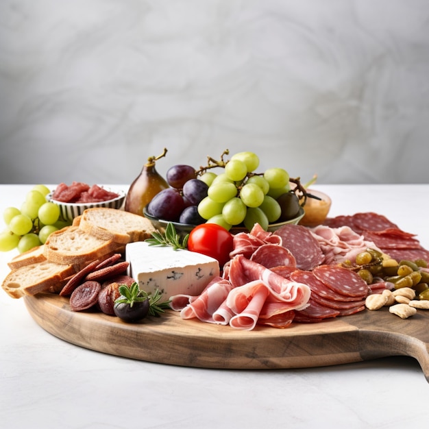 Charcutarie board close up on ligh grey background Appetizers board with assorted cheese slices meat prosciutto grape fruits and nuts Charcuterie and cheese platter Snack platter for brunch