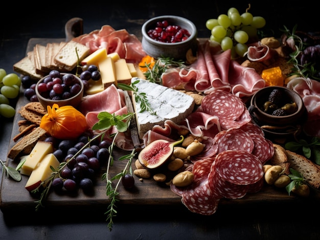 Charcuterie board filled with cheeses thinly sliced cured meats nuts olives and other foods presented as an appetizer Charcuterie and cheese platter Trendy snack platter on dark background