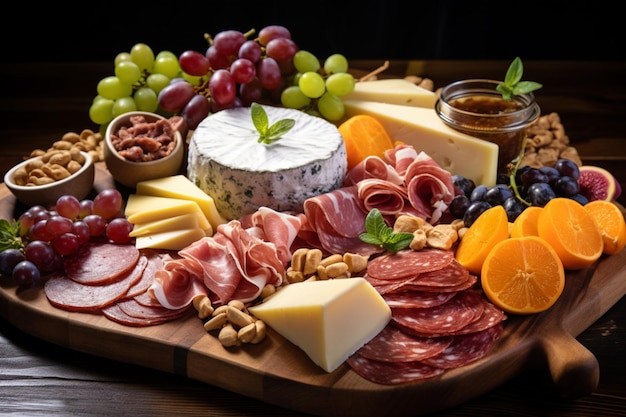 Charcuterie board filled with cheeses thinly sliced cured meats nuts olives and other foods presented as appetizer Close up of charcuterie and cheese platter Rich Snack plate on dark background