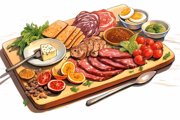 Charcuterie board illustration on white background filled with cheeses thinly sliced cured meats nuts olives and other foods presented as appetizer Charcuterie and cheese platter for menu or ads