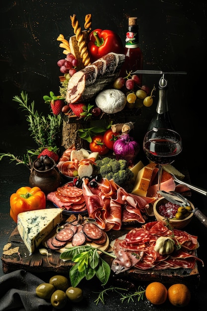 Charcuterie Board with Assorted Meats Cheeses Fruits and Bread on Rustic Dark Background