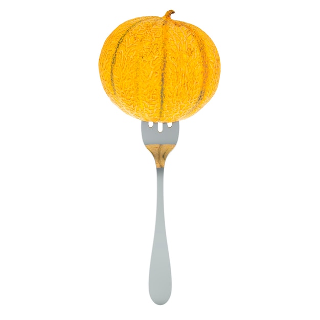 Charentais melon on fork 3D rendering