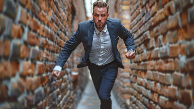 Photo charging businessman towards brick wall