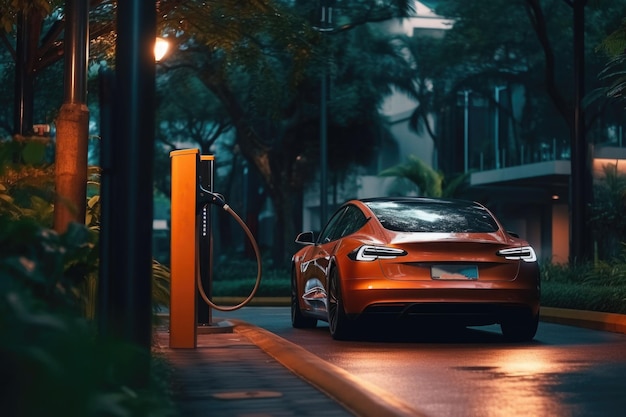 Charging an electric car with a public charger in a parking Generative AI illustration