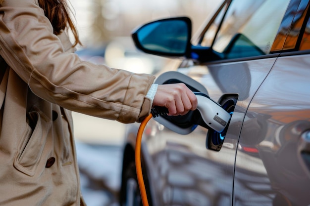 Photo charging electric vehicle with female hands