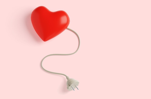 Charging for the heart Red heart and cord with plug on a pink background 3d render