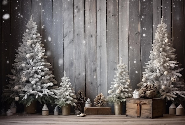 charismas tree on a wooden background with presents