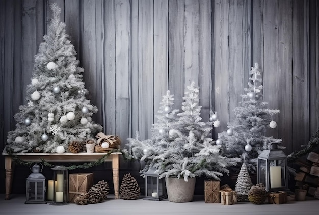 charismas tree on a wooden background with presents