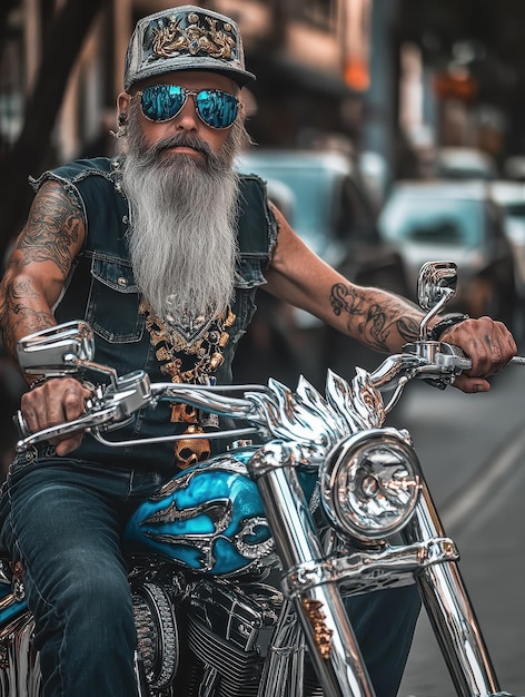 Photo charismatic biker with detailed bike customization and chrome accents