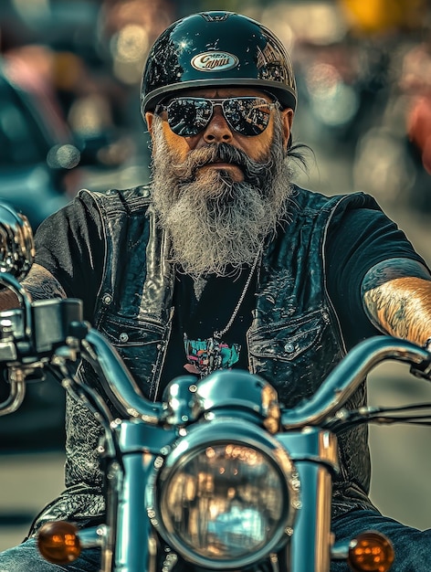 Charismatic biker with detailed bike customization and chrome accents