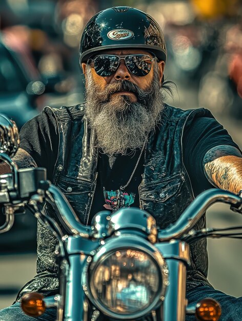 Photo charismatic biker with detailed bike customization and chrome accents