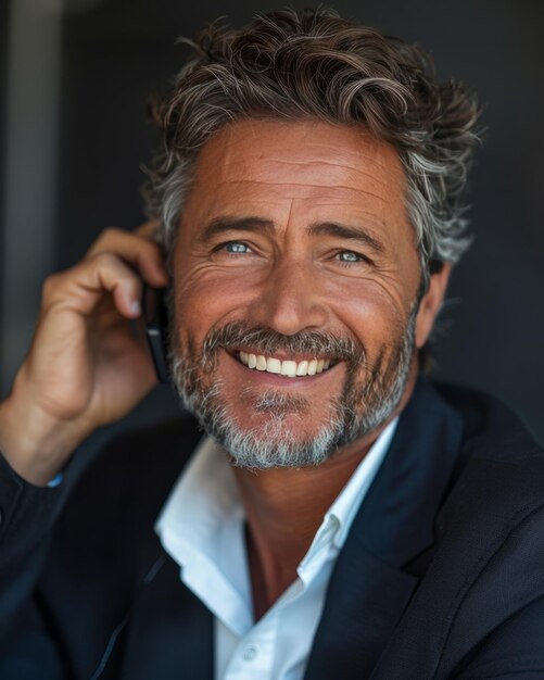 Charismatic Mature Businessman Enjoying a Phone Conversation Professional with Salt and Pepper Hair