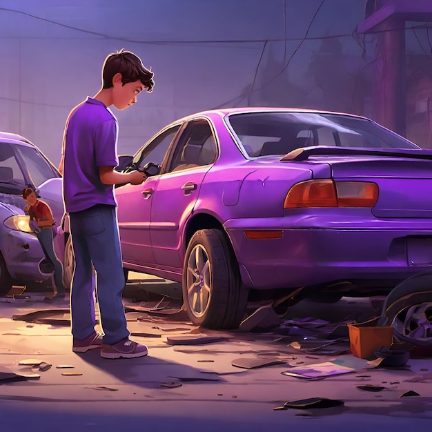 Charismatic Mechanic Cartoon Illustration with Wrecked Car