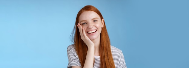 Charismatic talkative friendlylooking happy laughing redhead girl having fun discuss previous summer