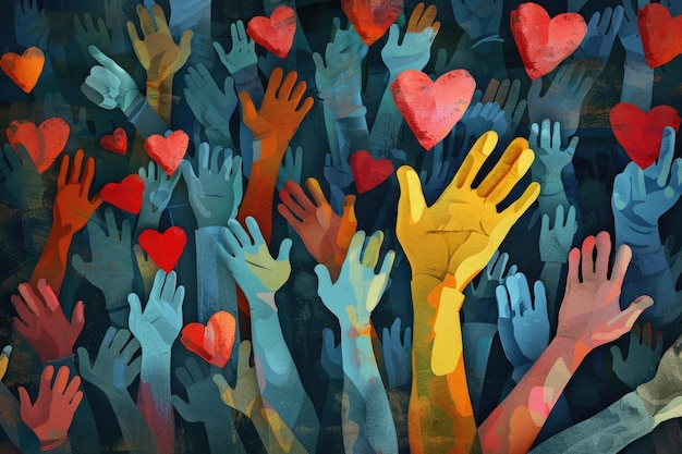 Photo charity illustration concept with abstract diverse persons hands and hearts