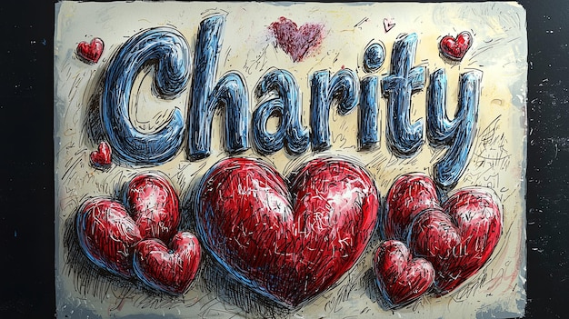 Charity text with handdrawn hearts on textured background