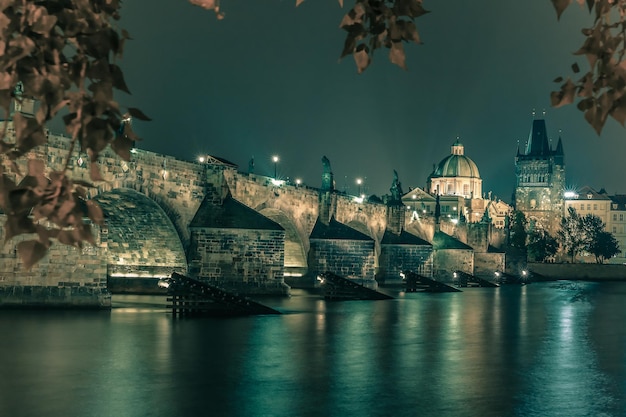 Charles Bridge at night in Prague Czech Republic