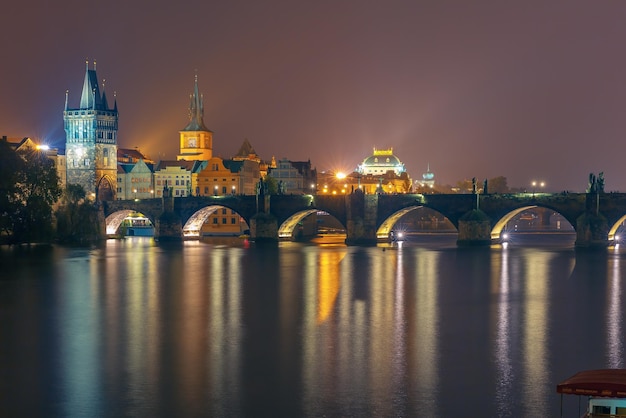 Charles Bridge at night in Prague Czech Republic