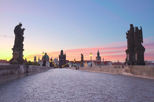 Charles bridge at pink sunset, Prague, Chech Republic