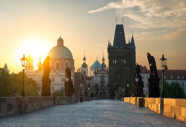 Charles Bridge in Prague at dawn. Czech Republic