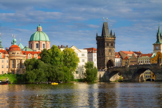 Charles bridge tower over river Vltava, Prague, Chech Republic