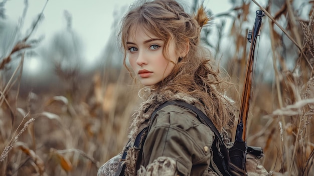 Charm of a beautiful woman hunter in the wild with hunting equipment background wallpaper AI generated image