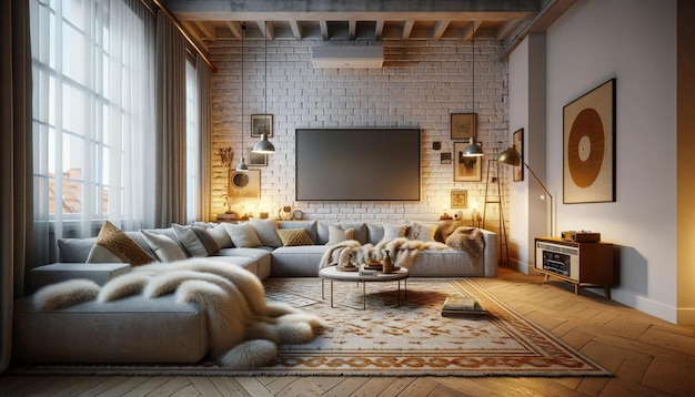 Charm of Coziness in Swedish Style Plush and Ambient TV Room