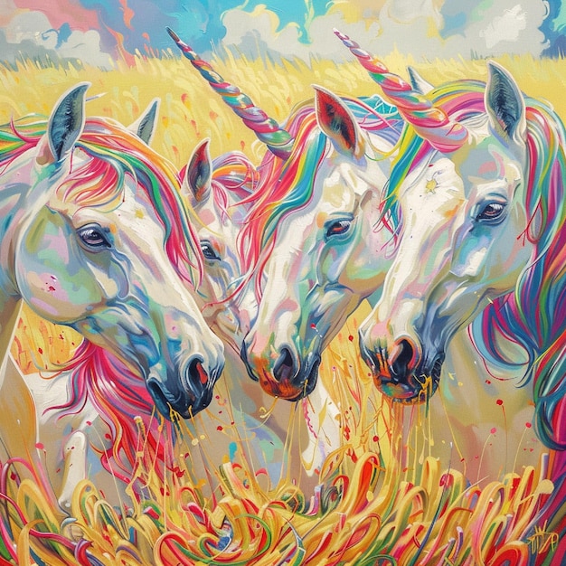 A charmed unicorn bunch snacking in a field of rainbow grass 7