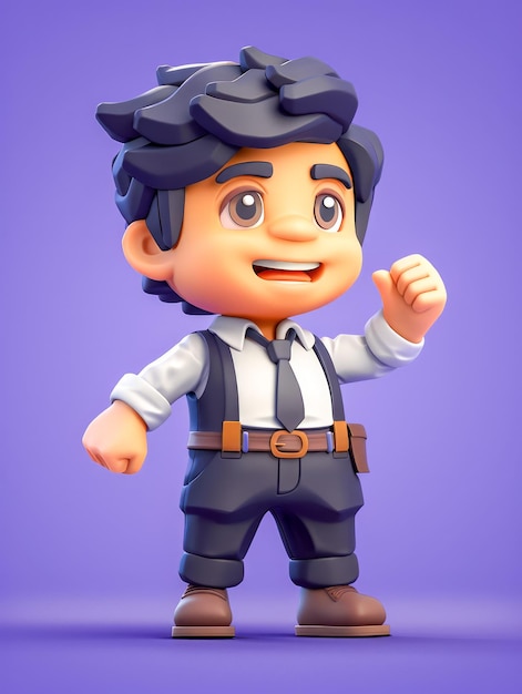 Charming 3D Cartoon Businessman with Black Hair in Suspenders on Purple Background Animated