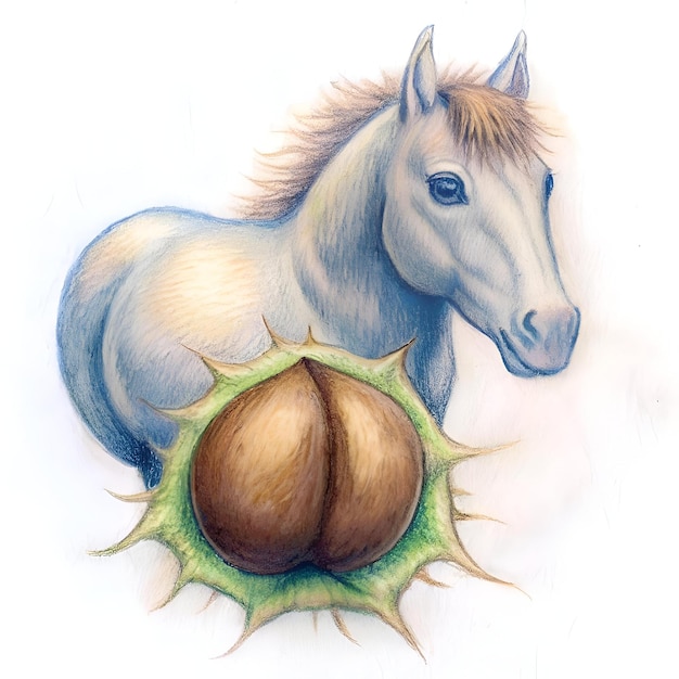 Photo a charming 3d illustration of a horse chestnut featuring a cute horse peeking out from behind the spiky shell