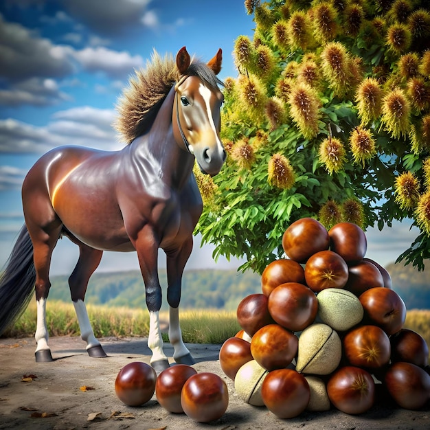 Photo a charming 3d illustration of a horse chestnut tree with a majestic horse standing nearby perfect for autumnal designs nature themed projects and educational materials