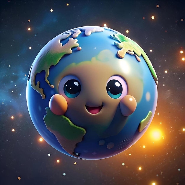 A charming 3D illustration of planet Earth with a cute smiling face