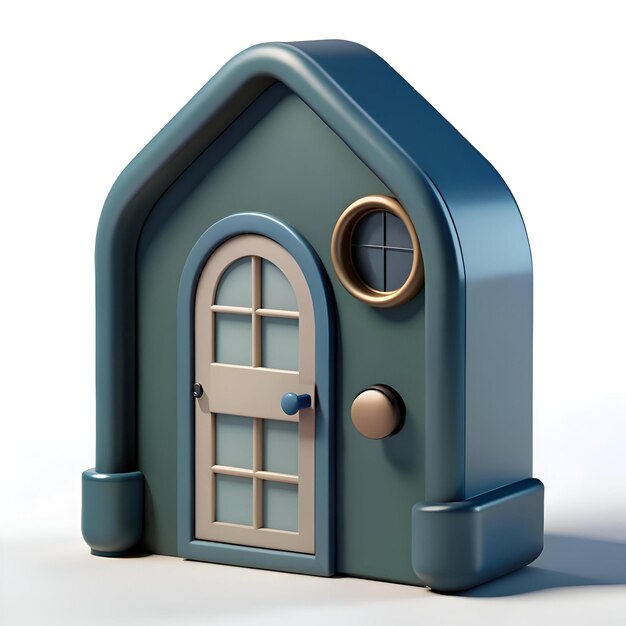 Charming 3D illustration of a stylized house with an arched door and a round window