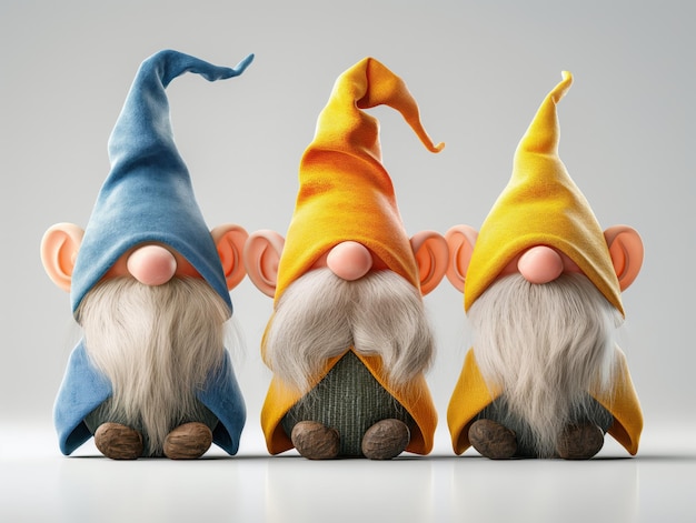 Photo charming 3d illustration of three adorable gnomes with vibrant hats in a playful style