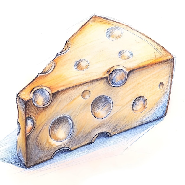 Photo a charming 3d illustration of a wedge of swiss cheese drawn with intricate detail in pencil