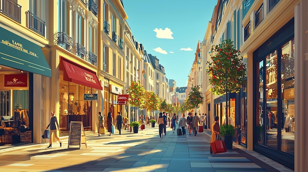 Charming 3D Render of a Bustling Shopping Street with Stylish Boutiques and Cafes Keyword