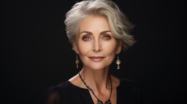 Charming 50s midaged woman isolated on black gazes at the camera Closeup portrait of a mature lady with healthy skin representing beauty middleage skincare and cosmetology