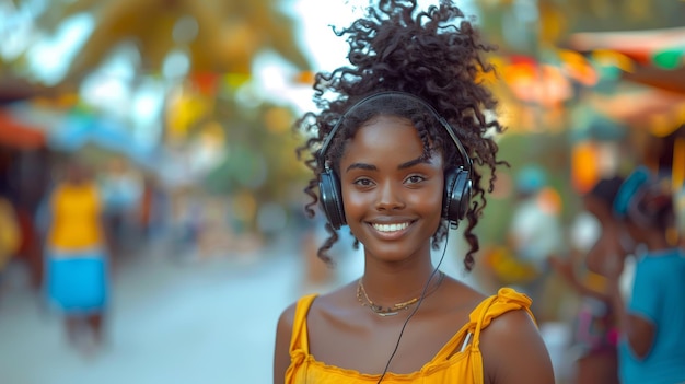 Charming African American Girl Listening to Music Outdoors Smiling Joyfully in Vibrant Setting