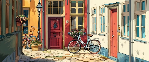 A Charming Alleyway In Copenhagen Cartoon style