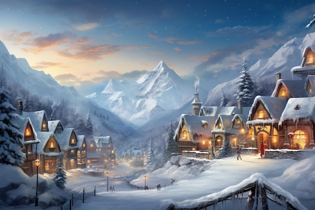 Charming Alpine Haven Sparkling Lights Drifting Chimney Smoke