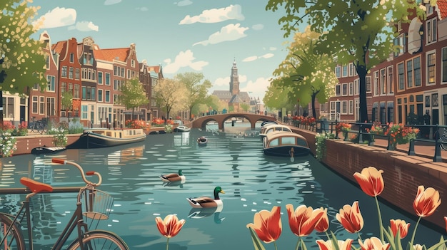 Charming Amsterdam Canal Surrounded by Spring Flowers