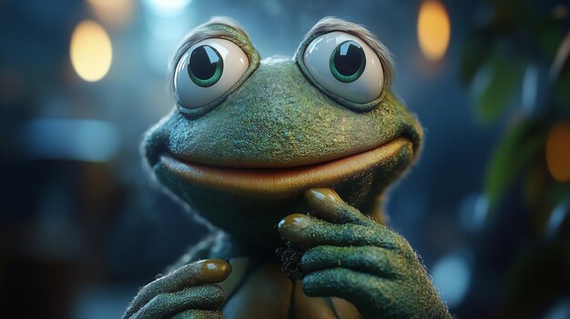 Charming Animated Frog Character with Big Expressive Eyes in a Whimsical Setting