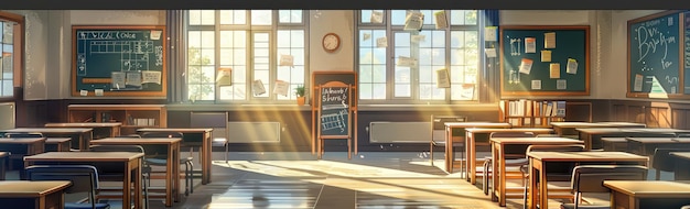 Photo a charming anime of an empty school classroom with wooden desks chairs and chalkboards bathed in warm sunlight streaming through the windows with a focus on facial expressions