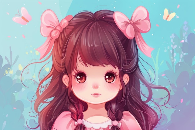 Charming anime girl with pink bows