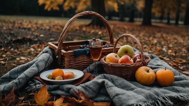 Photo charming autumn picnic setup with a blanket and seasonal treats